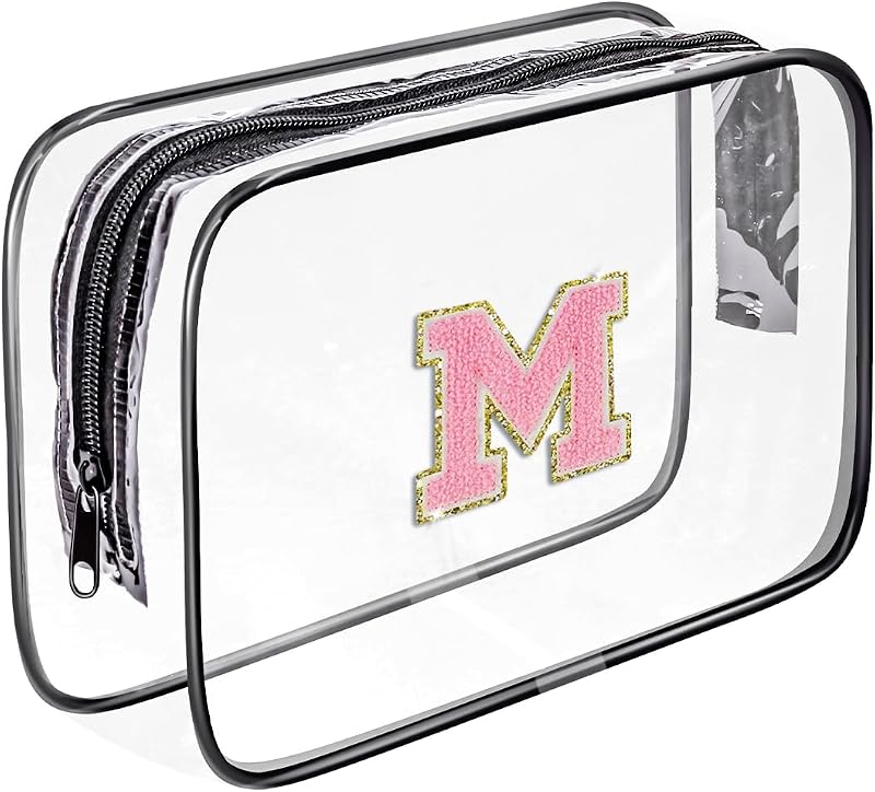 Necessaire transparente Fodofodo com zíper, PVC, carta em chenille, preta com letra rosa, tamanho M