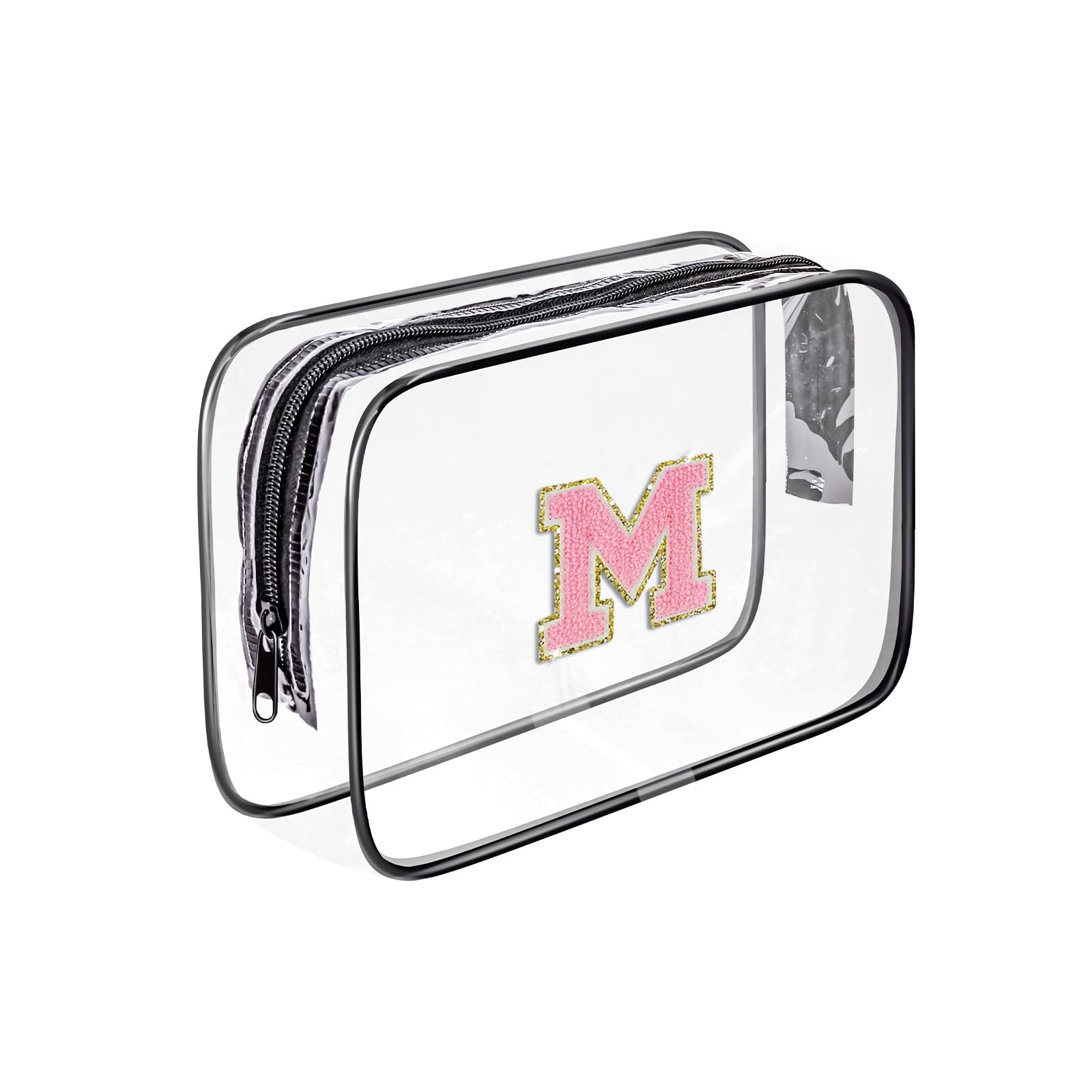 Fodofodo Clear Toiletry Bag,Portable Travel Toiletry Bag,Chenille Letter Cosmetic Bag with Zipper,Waterproof Makeup Bag,Cosmetic Storage Organizer for Women Men,Travel Essentials (Black,M)