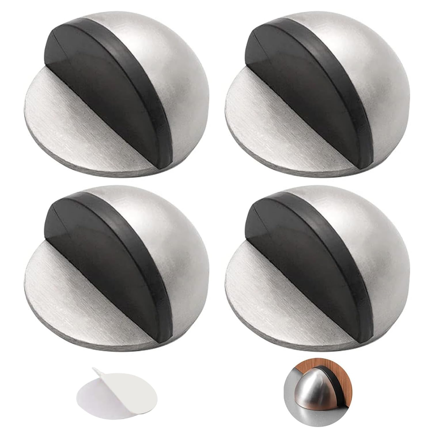 Lonimia 4Pcs Self Adhesive Floor Door Stoppers,Stainless Steel Door Stopper,Polished Oval Half Moon with Glues for Protect of Wall Hard Floor Glass Door for Home School Office Floor (Silver)