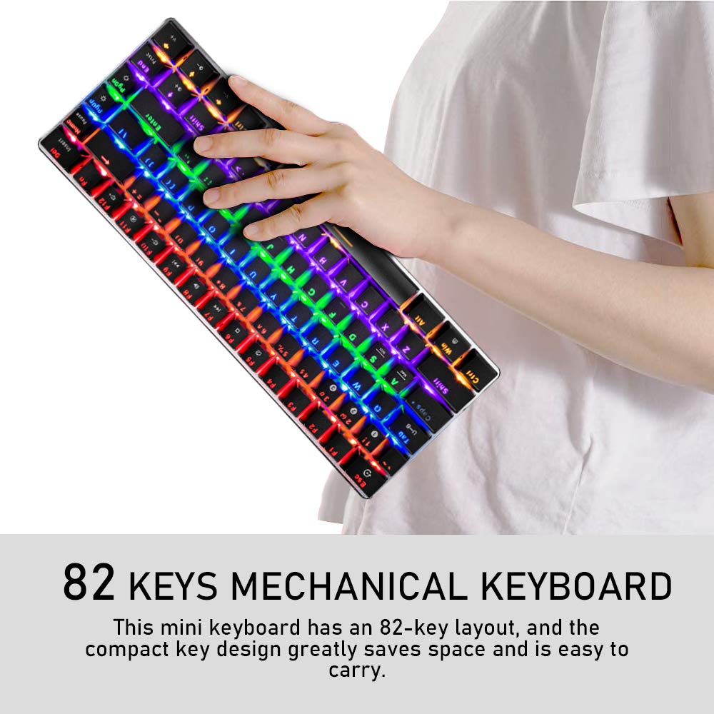 FELiCON AK33 Tastiera Meccanica Bluetooth Gaming Wireless & Wired due modalità, 3 canali di connessione Bluetooth, 18 Rainbow Backlit, QWERTY 82 Tasti anti-ghosting (interruttore blu, nero)