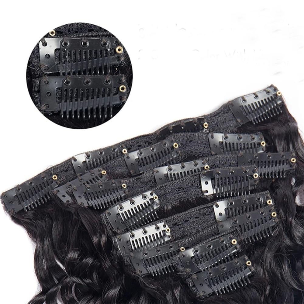 Doczepiane włosy Deep Wave dla kobiet, 8 sztuk, podwójne pasmo, falowane, kręcone włosy remy, grube do końcówek, z 18 niewidocznymi klipsami, 45 cm, 100 g