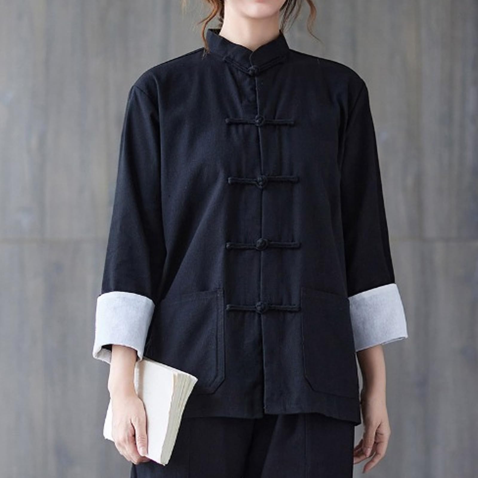 Uniforme Tradizionale Tai Chi per Abbigliamento da Donna In Cotone a Maniche Lunghe per Set di Arti Marziali Kung Fu,Black-XL