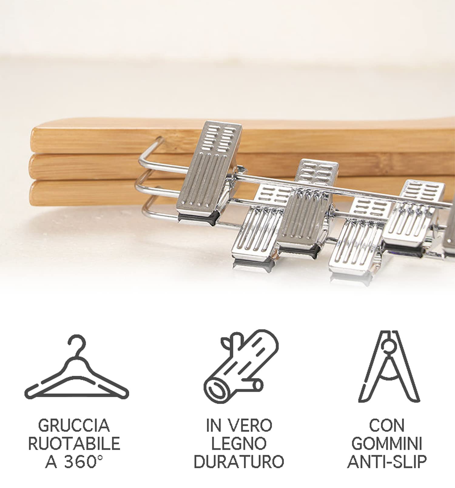 IlGruppone Grucce in Legno Naturale con Clip Regolabili 10 Pezzi Appendino Armadio Appendiabiti Pantaloni Gonne Giacche Gancio Girevole 360°
