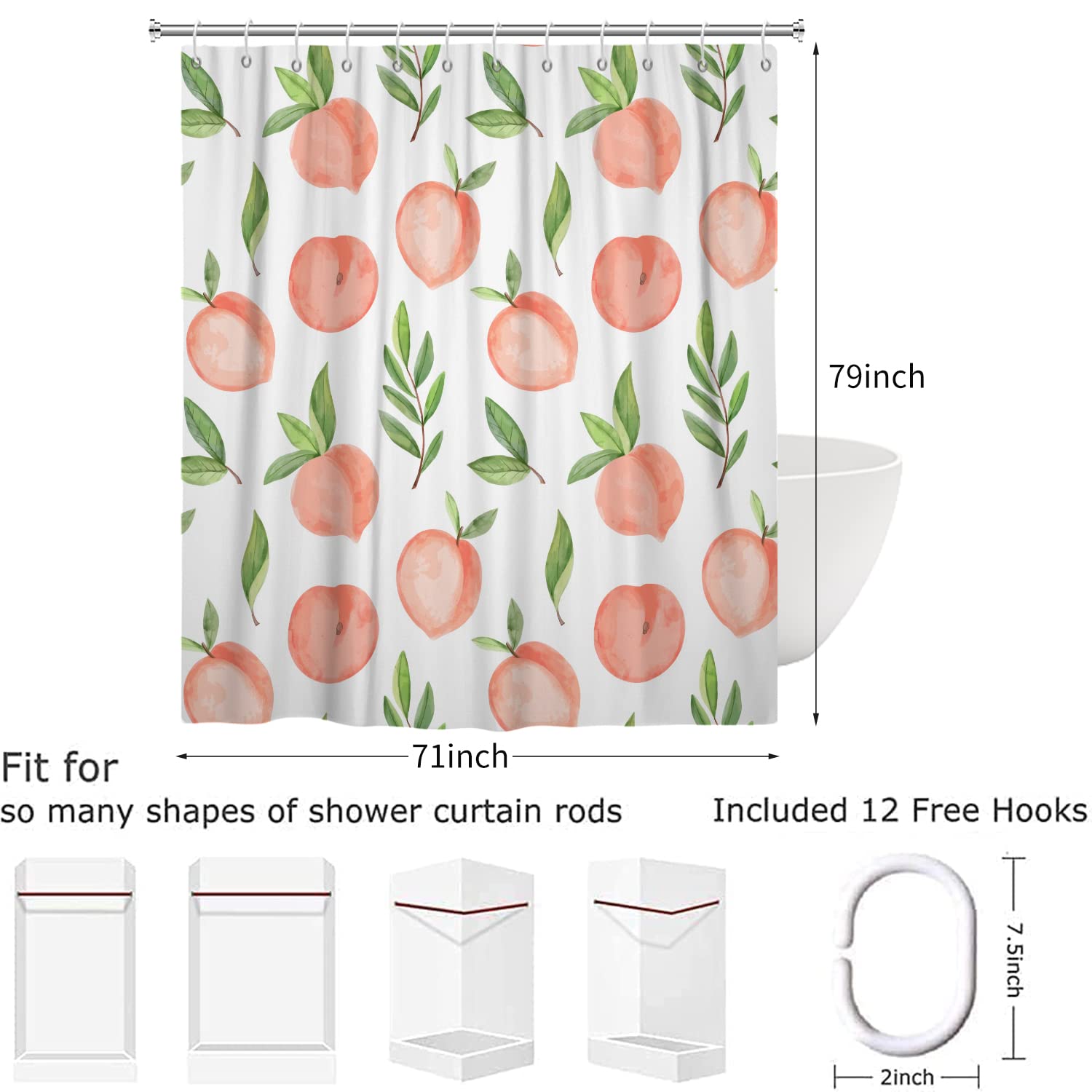 Hnmdmyi Rideau De Douche Pêche Rose 180x200 Cm - Fruits Mignons Feuilles Vertes, Imperméable Polyester Coloré Avec Crochets