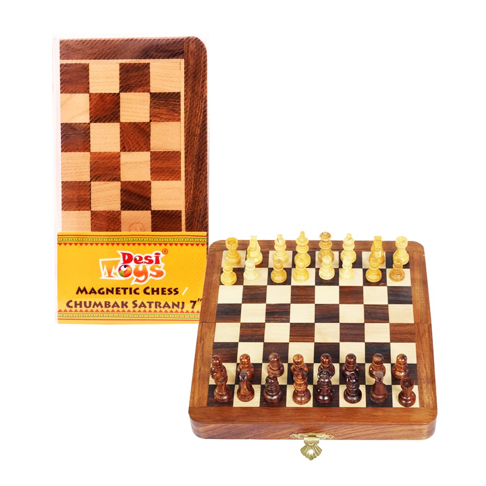 Desi Toys Foldable Magnetic Chess Board Set — Wooden Boards | Handcrafted Satranj Game Board | Two Players Game | Indoor Games for Kids, Adults & Beginners | Brain Exercise Games | Size 7X7 Inc