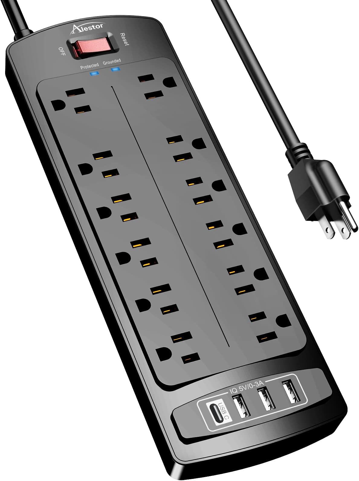ALESTOR Surge Protector Power Strip - Black