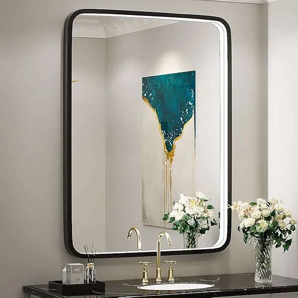 FTOTI 32X24 Inch LED Bathroom Mirror with Light, Black Metal Frame Mirror, Wall Mounted Lighted Vanity Mirrors for Wall, Anti Fog Dimmable Led Mirror for Makeup