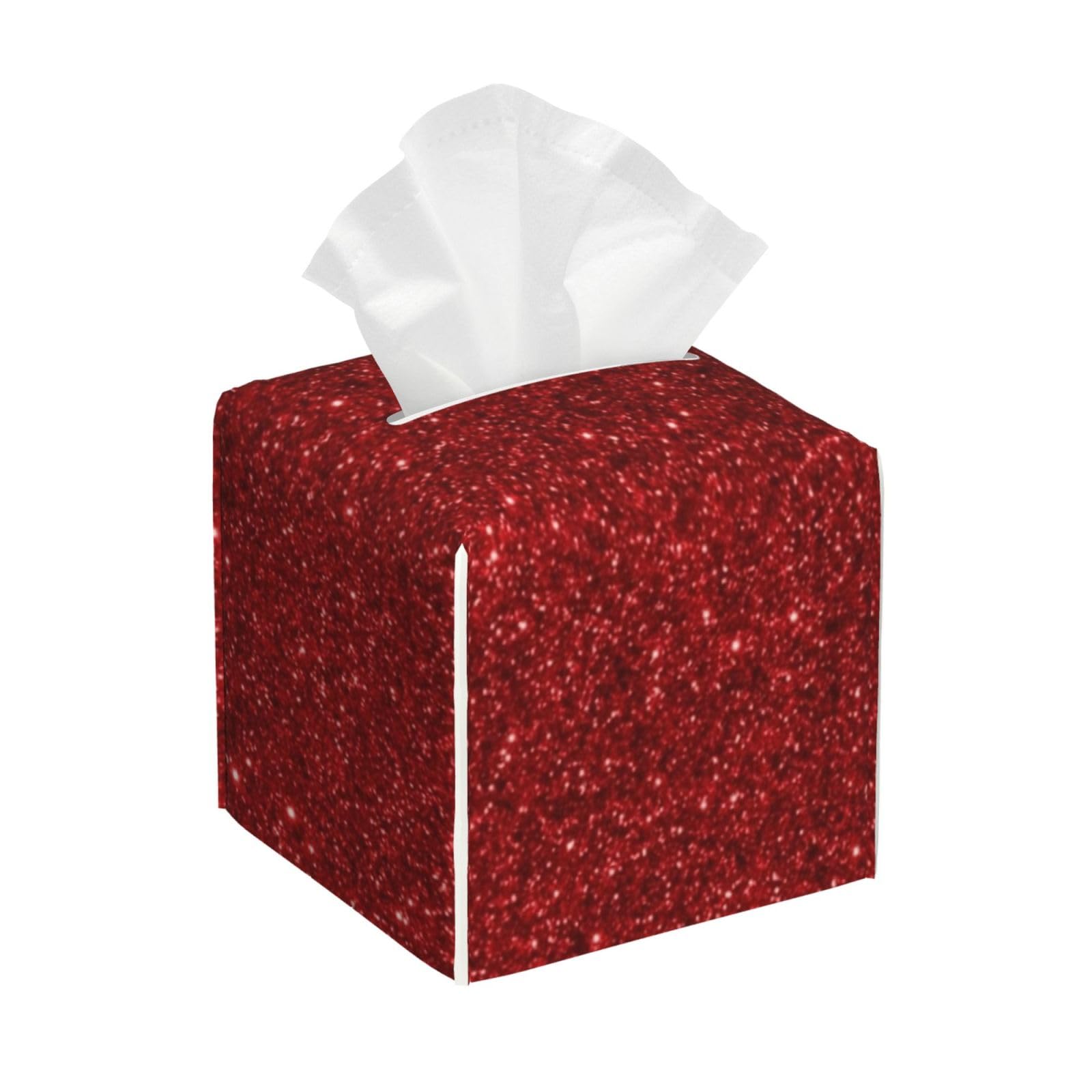 Garnet January Aquarius Birthstone Shimmering Faux Glitter Tissue Box Cover 5" Square Leather Tissue Holder Facial Tissue Case for Tabletop Bedroom Bathroom Desk Decor