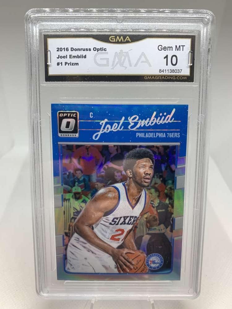 GMA Graded Gem MT 10 841138037 2016-17 Donruss Optic Silver Holo #1 Joel Embiid Prizm Refractor Philadelphia 76ers Professionally Graded Basketball Card in Gem MT 10 Condition