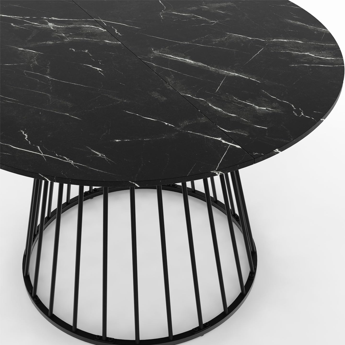IDMarket Yuna - Mesa de comedor redonda para 6 personas, 110 cm, efecto mármol | Con pie con cable, bandeja efecto mármol negro alaska, metal negro