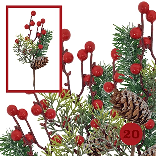 Juego de 20 púas decorativas florales de temporada con ramita de pino, diseño de piña, bayas, accesorios de decoración navideña, festivos Cover