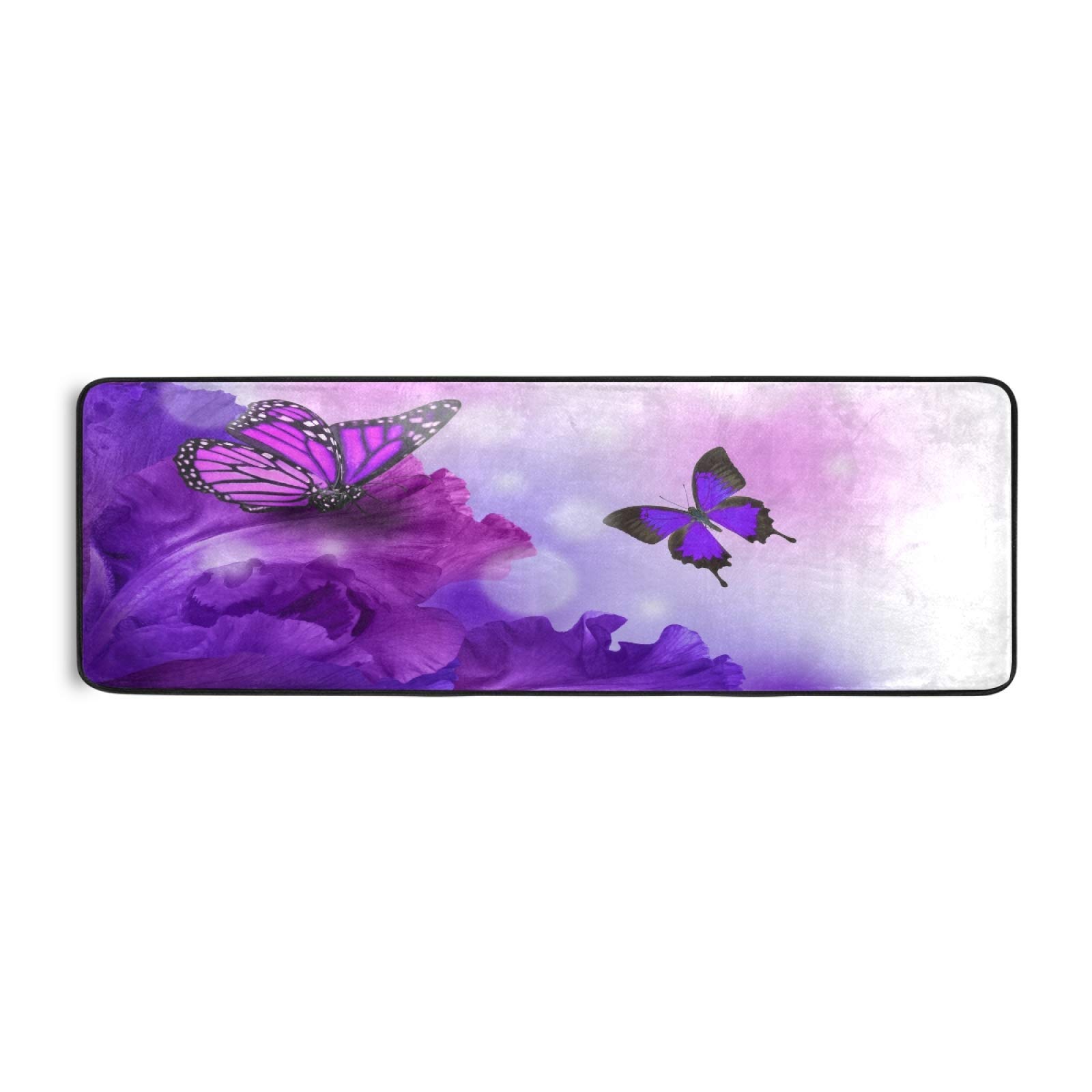 Butterfly Purple Flowers Kitchen Rugs Runner Rug 2' x 6' Bathroom Carpets Non-Slip Soft Doormats Bath Carpet Runner Area Mat Rug for Hallway Entry