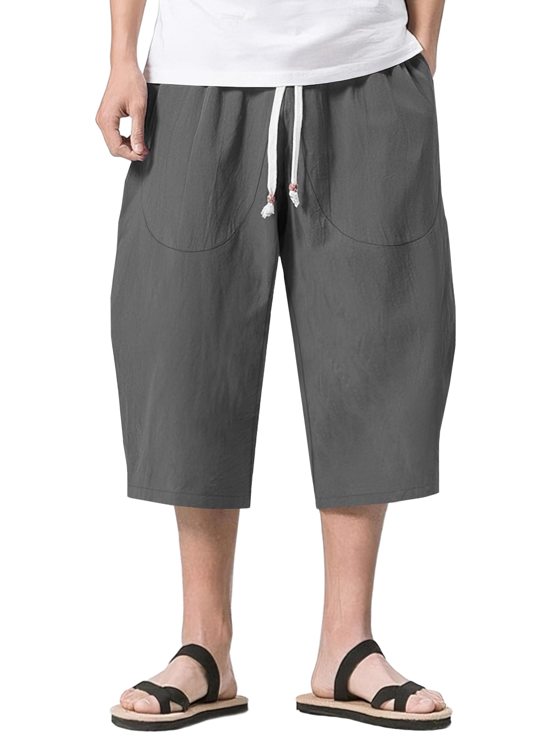 – Men's Loose Cotton Linen Shorts 3/4 Summer Casual Boho Long Shorts Elasticated Waist Wide Leg Beach Yoga Trouser