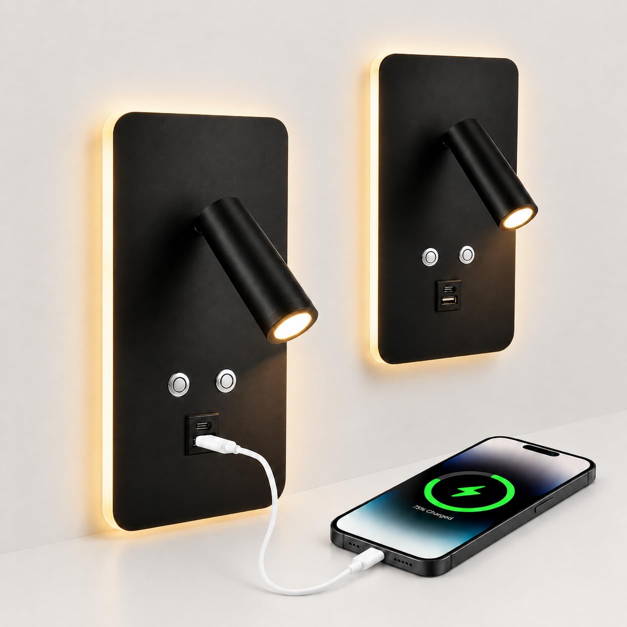 2Pcs Applique Murale Intérieure LED, Liseuse de chevet LED avec interrupteur, port de charge USB et Type C, Lampe Murale Tactile Dimmable, 3000K Liseuse Lampe de Lecture pour Chambres Salon Hôtel