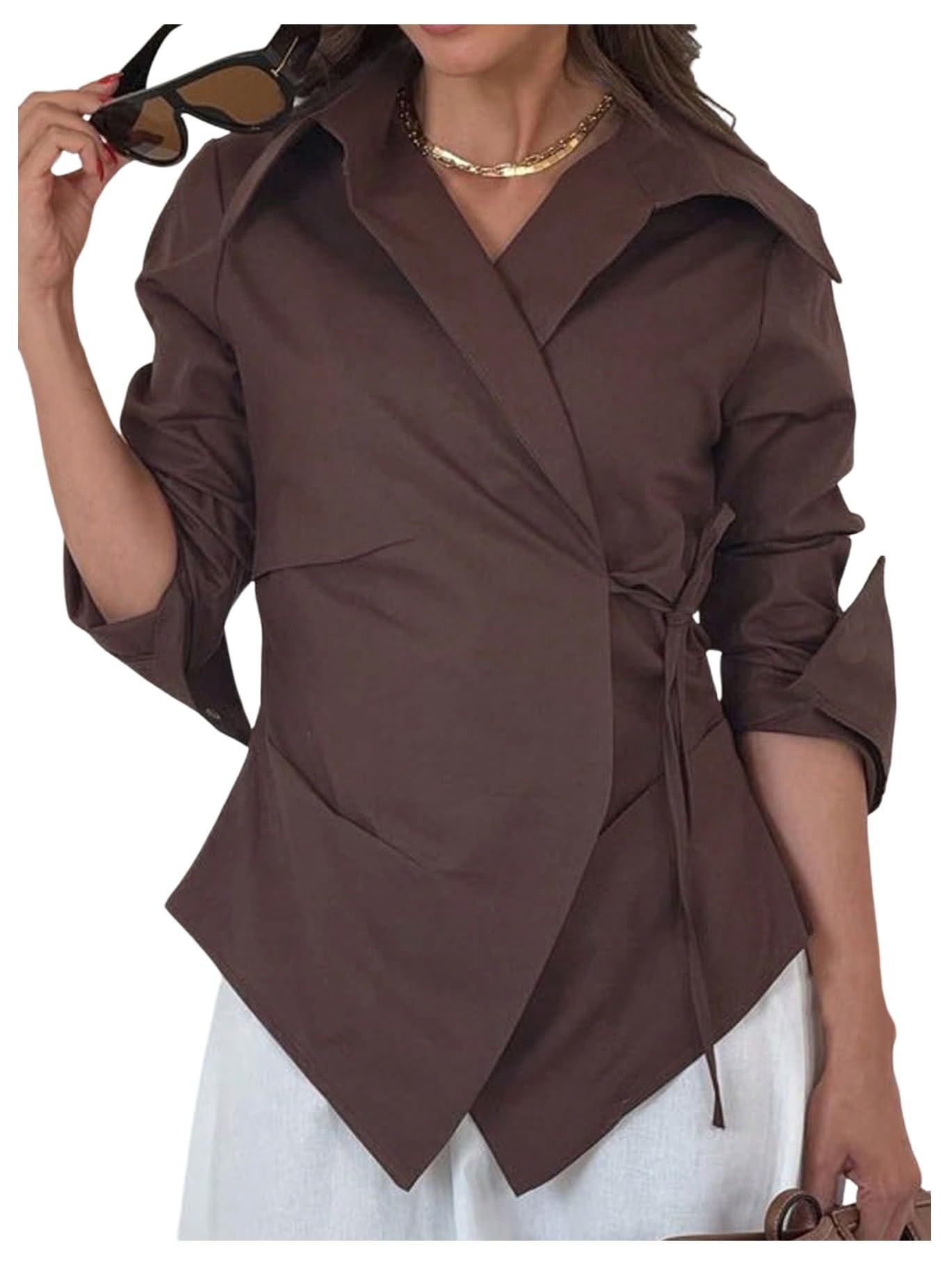 GORGLITTER Womens Wrap Blouses Dressy Casual Tie Side Long Sleeve Shirts Asymmetrical Business Office Work Outfits