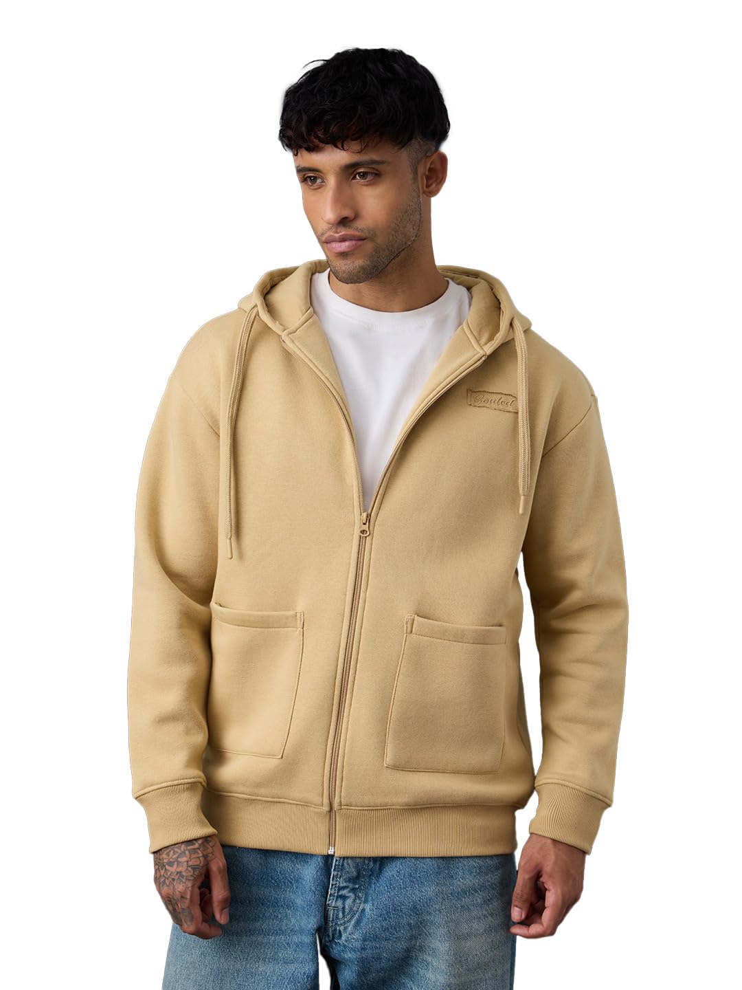 Ethereal Men and Boys Full Sleeves Hooded Neck Beige Solid Embroidered Cotton Blend Oversized Fit Premium Heavy Fleece Zipper Hoodie-image-7