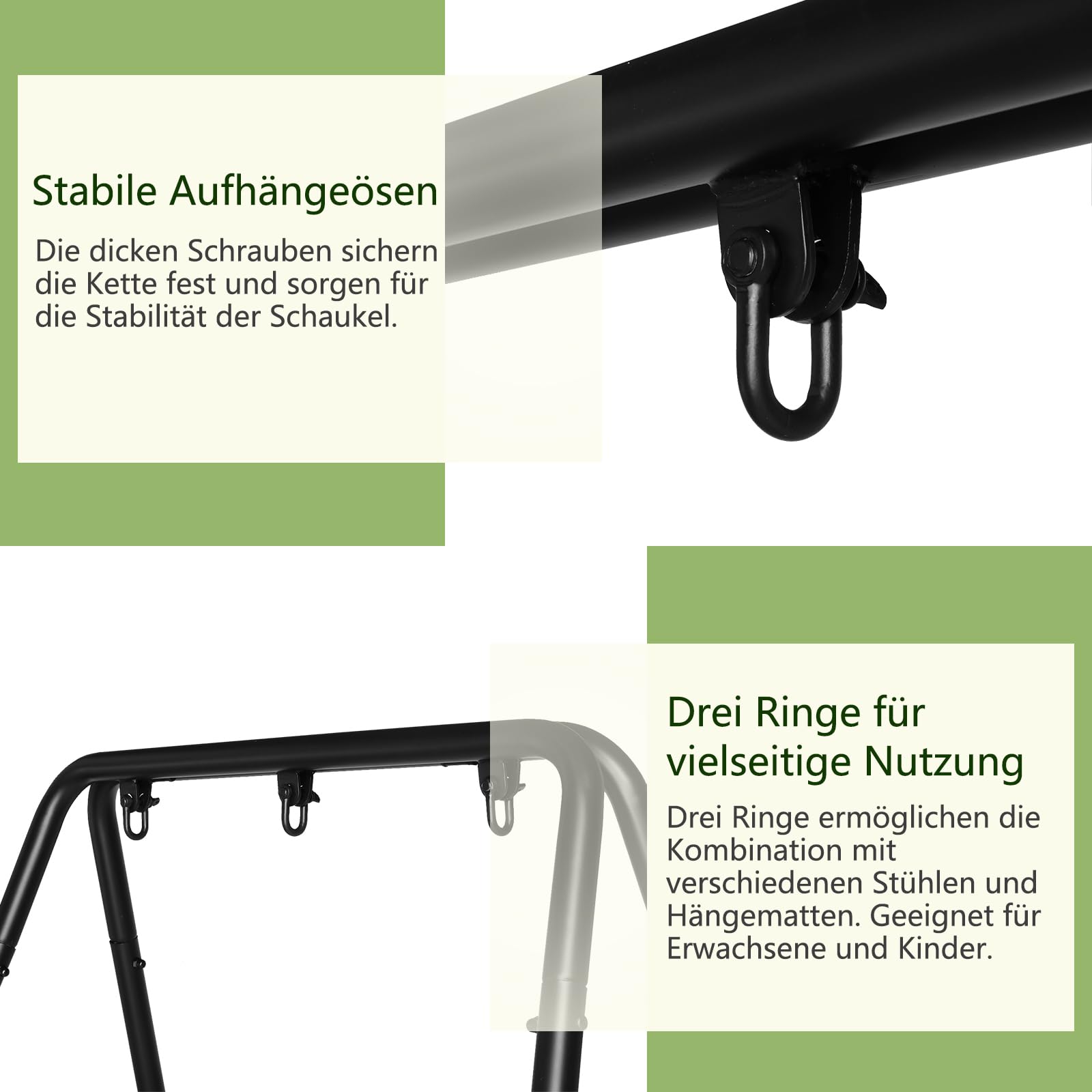 LEADZM Estructura de hamaca – Diseño de doble travesaño, estable, estructura de 4 patas con 3 anillas para 200 kg, resistente y segura, para interior o exterior