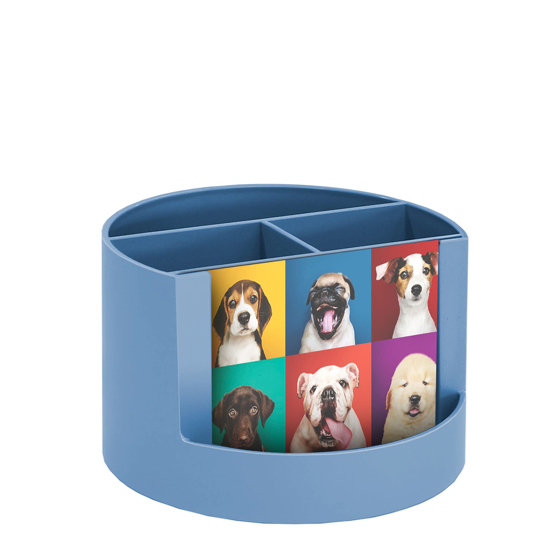 Acrimet Compact Desktop Organizer, 4 Spacious Slots, Round Pencil and Accessories Holder with Photo Slot, Ideal for Office, Art Supplies, Vanity Storage, and Home Organization (Solid Blue Plastic)