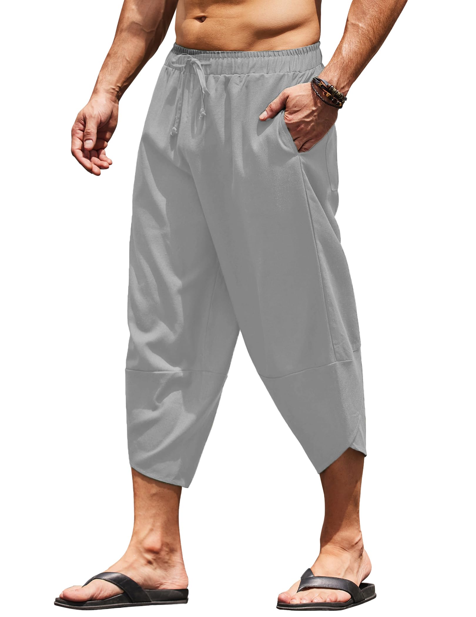 COOFANDY Men's Linen Harem Capri Pants Lightweight Loose 3/4 Shorts Drawstring Elastic Waist Casual Beach Yoga Trousers