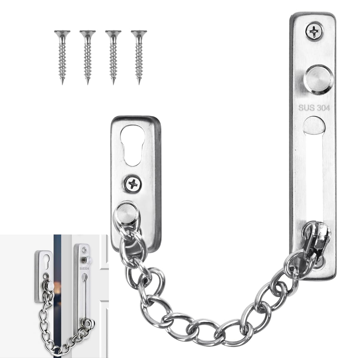 Tür Sicherheitskette,Türkette,Tür Kettenschloss aus Edelstahl 304,Türkettenschloss mit Schraube,Türketten-Sicherheitsschloss für Haus,Hotel,Innentüren und Fenster (Silber)
