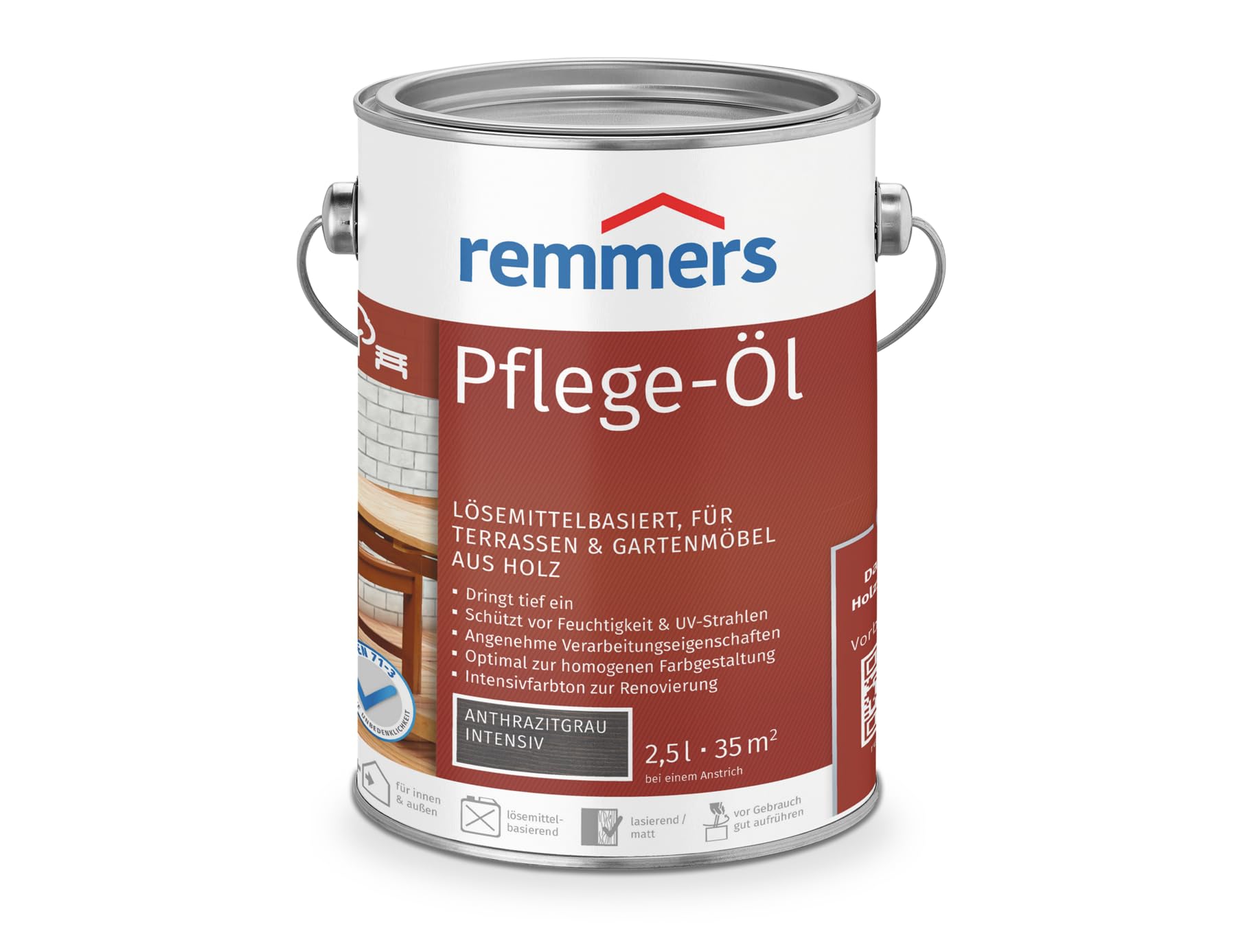 Remmers Aceite de cuidado de color gris antracita intenso, 2,5 litros, aceite para madera interior y exterior, impermeable, resistente a la intemperie, adecuado para muebles de jardín y terrazas de