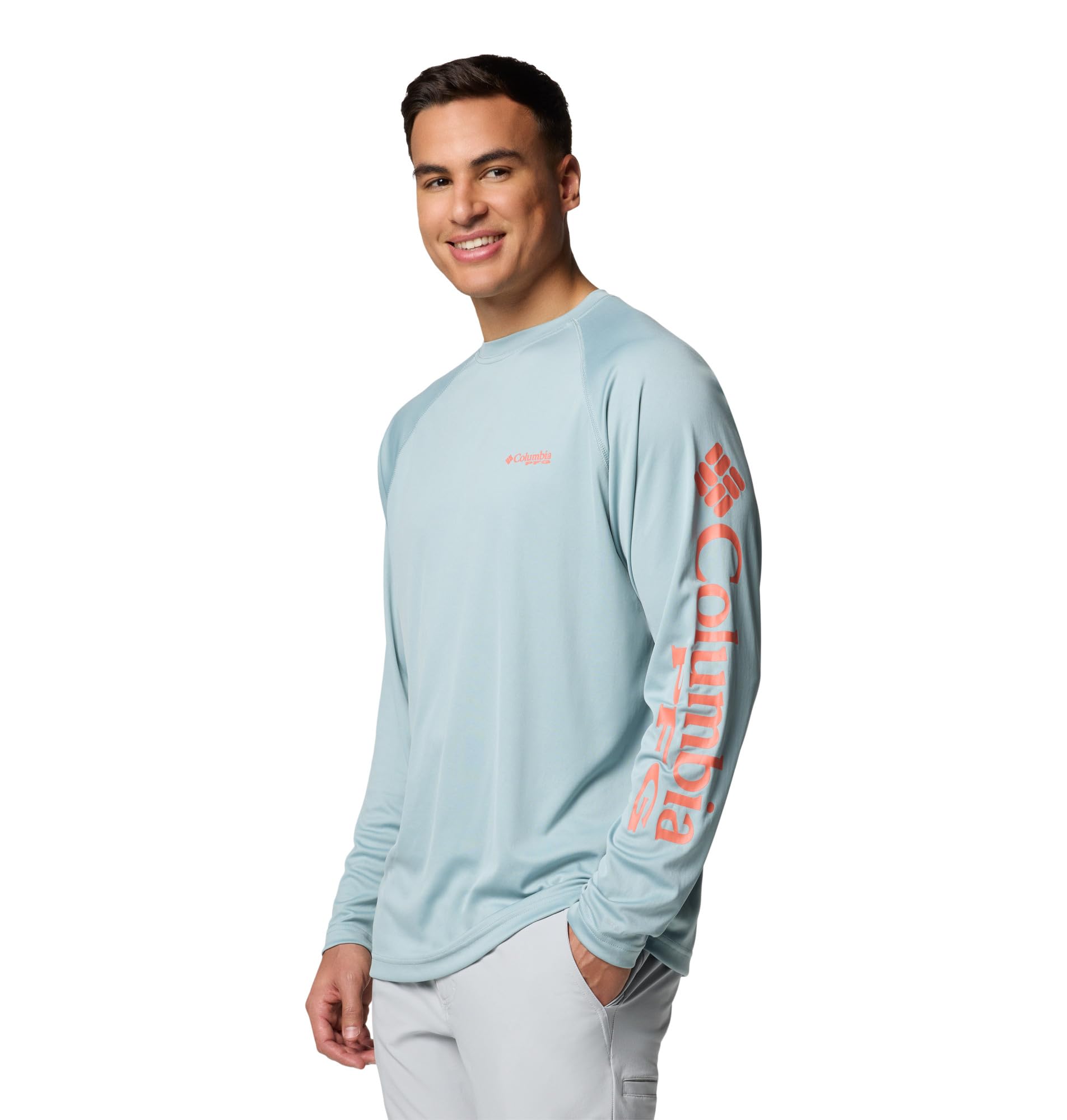 Columbia Tamiami II - Camisa de Manga Larga para Hombre, Logotipo Azul aplastado/melocotón desteñido, M