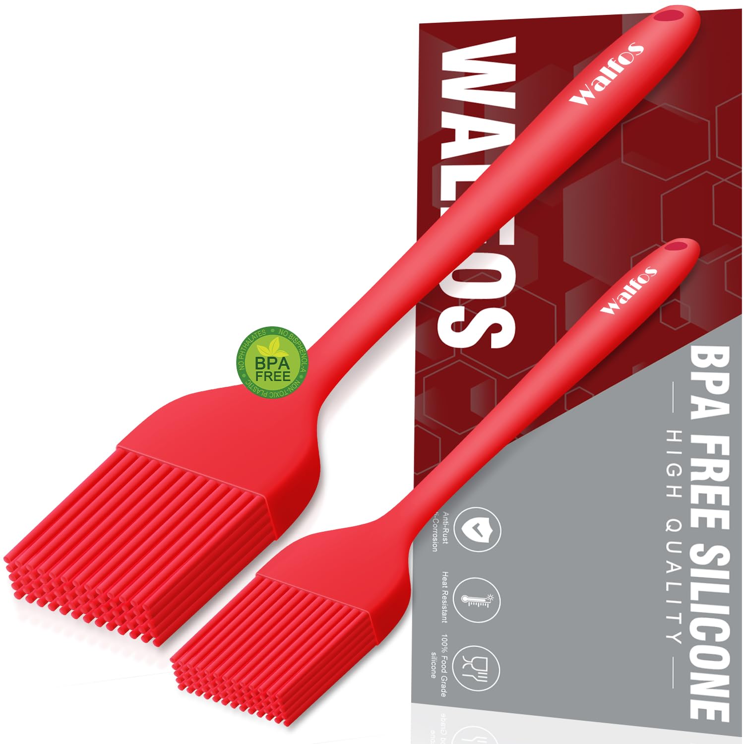 Walfos Silicone Basting Pastry Brush, Heat Resistant Pastry Brush Set, Strong Steel Core and One-Pieces Design, Perfect for BBQ Grill Baking Kitchen Cooking, BPA Free and Dishwasher safe, 2 Pcs (red)