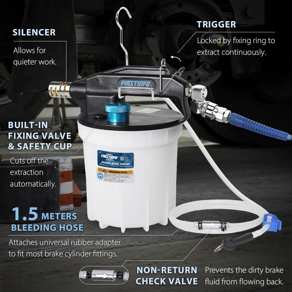 FIRSTINFO Purga de Frenos Neumática 2L, Kit de Purga de Líquido de Frenos con Tubo Silicona 1,5m, Válvula Anti-Retorno, Universal Coche y Moto, A1151EU