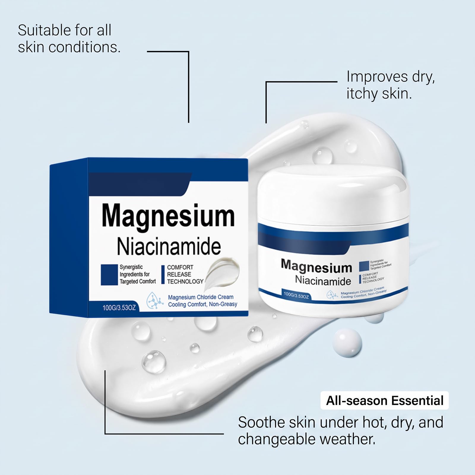 Crema al magnesio e niacinamide con 12 ingredienti, idratante rinfrescante per ginocchia, gambe e piedi, crema massaggiante leggera, ad assorbimento rapido e non grassa (3 pezzi)