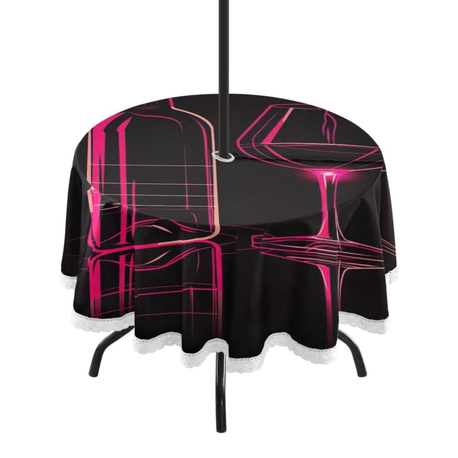 Qilmy Outdoor Round Table Cloth,Minimalist Style Red Wine Bottle Heat Resistant Table Cover with Umbrella Hole and Zipper for Outdoor Camping Picnic Party BBQ 60 Inch746