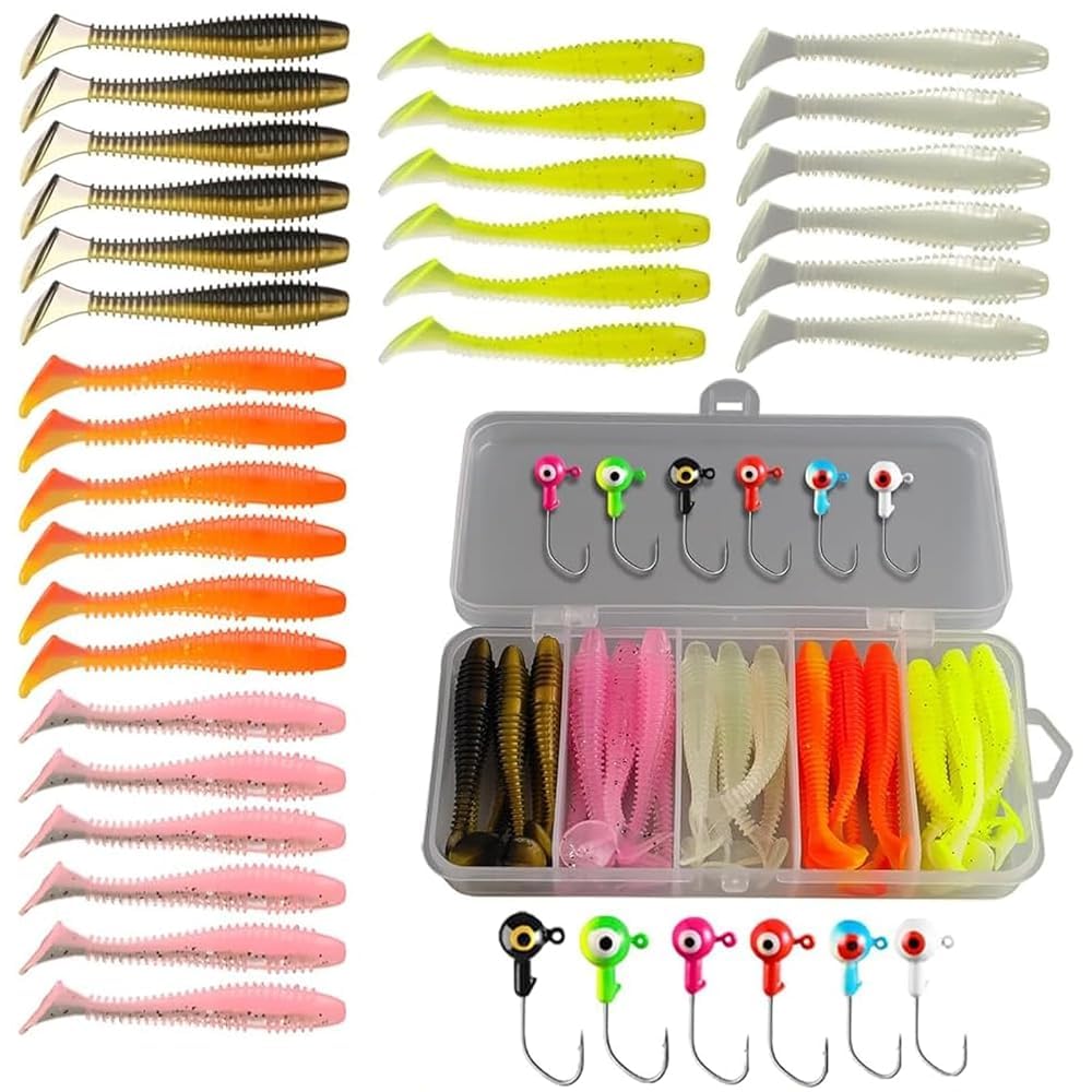 CLKE 36 Pcs Fishing Lures Kit with Heads & Hooks, Soft Plastic Grubs for Bass, Crappie, Trout, Perch, for Freshwater & Saltwater, Fishing Bait Lure Gear Kit