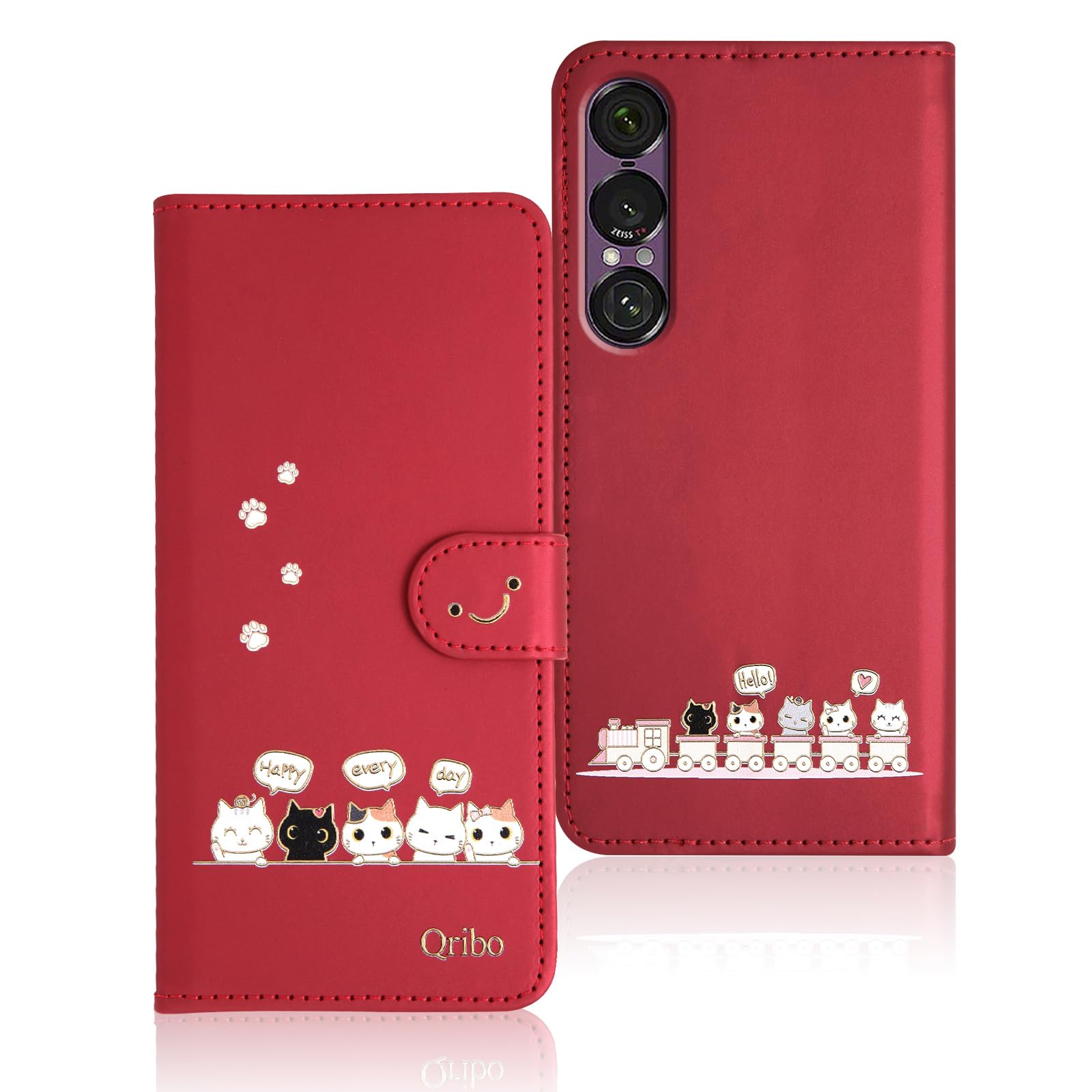 Qribo 適用の Xperia 1 VII ケース 手帳型 エクスペリア1vii 手帳ケース シンプルなのに可愛いデザイン エンボス加工猫柄 うれしい気持ち 6.5インチ対応 エクスペリア 1VIIケース xperia1 vii スマホカバー SOG15 SO-51F カバー 薄型 防水 の耐久性 滑り防止 美しい 贈り物 友達 - レッド