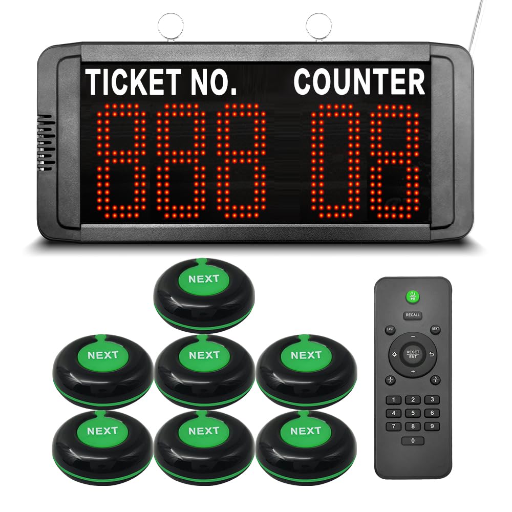 KOQICALL Take a Number Machine Wireless Queue Calling System for Customers with 7 Waterproof Next Call Button 1 LED Display Broadcast Ticket and Counter Number for Bank Supermarket Clinic Office