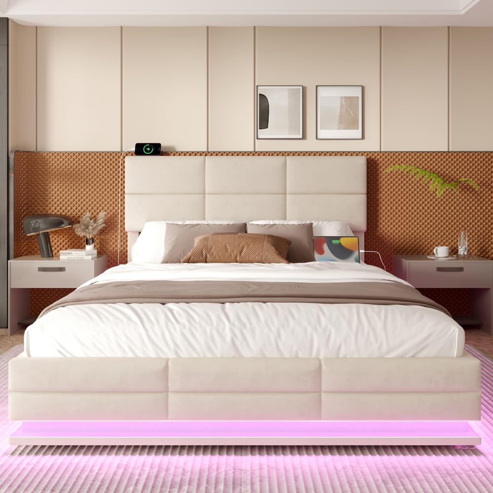 Lubvtti Cama acolchada con LED y puertos USB & TypeC, cama de matrimonio con contenedor hidráulico y cabecero regulable en altura, cama de matrimonio con canapé, terciopelo (beige, 160 x 200)