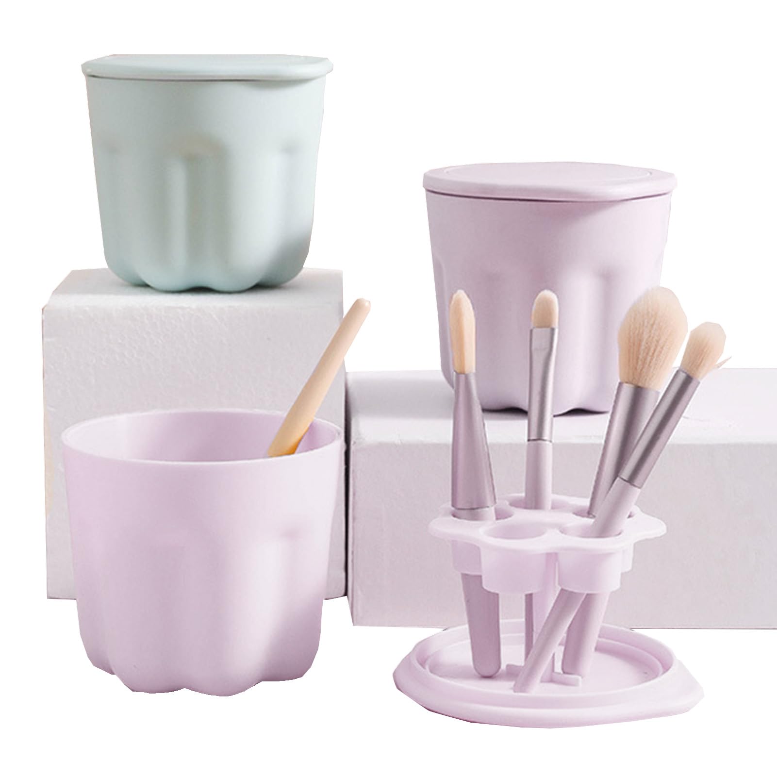 Alvinlite Makeup Brush Cleaning Mat, 2PCS 2 in 1 Silicone Makeup Cosmetic Brush Cleaner Cup with Drying Holder for Storage, Brush Cleaning Scrubber Tool with Stand & Air Dry Brushes Holder