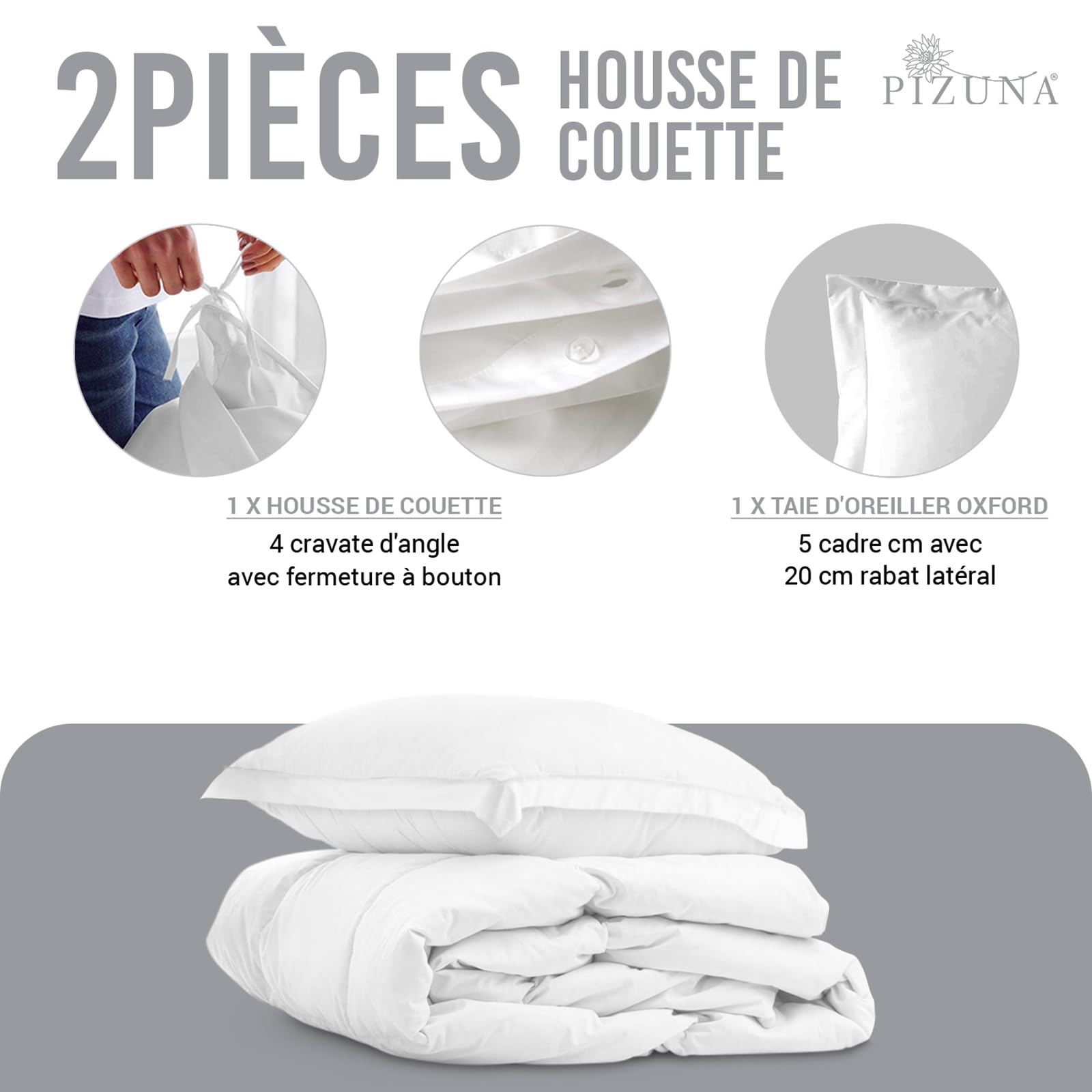 Pizuna Coton Ensemble de Housses de Couette 140x200 cm Blanc 600 Fils | 1 Personne, Tissu de Satin de 100% Coton à Housse de Couette Luxueuse avec Fermeture à Boutons