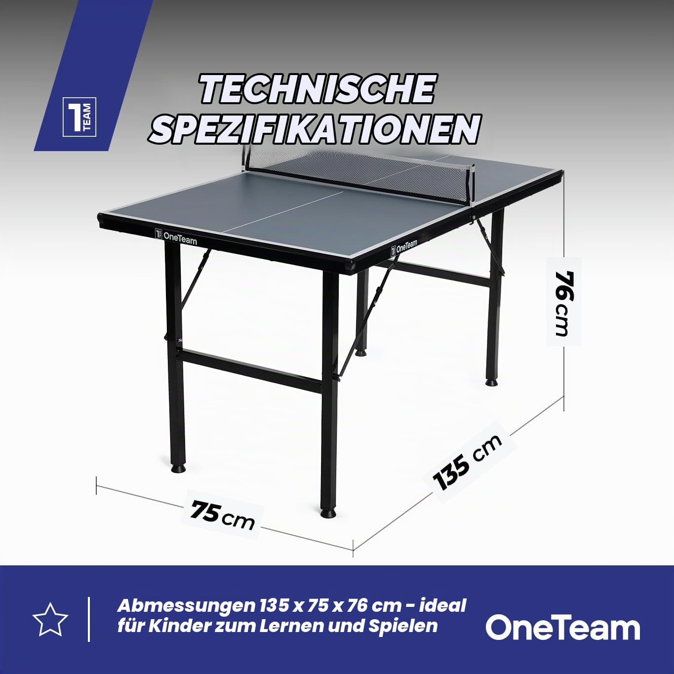 OneTeam Tischtennisplatte für Indoor-Spiele mit Gitternetz und klappbaren Platten mit 2 Ball- und Palettenablagefächern Transportrollen mit Feststellfunktion