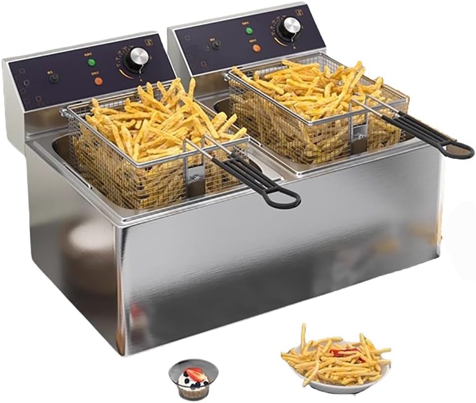 Freidora profunda comercial con cesta, freidora de aceite eléctrico de encimera de acero inoxidable con control de temperatura, gran capacidad desmontable, 3000W x 2, contenedor de aceite extraíble