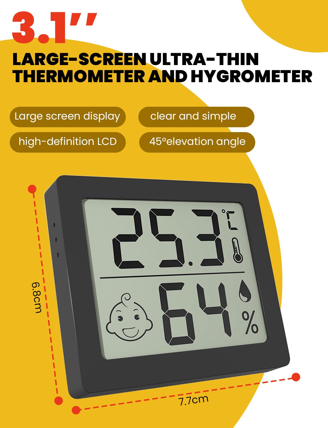 Thermomètre et hygromètre ultra-fins à grand écran de 3,1 pouces, thermo-hygromètre électronique domestique intérieur, affichage numérique de la température et de l'humidité (noir)