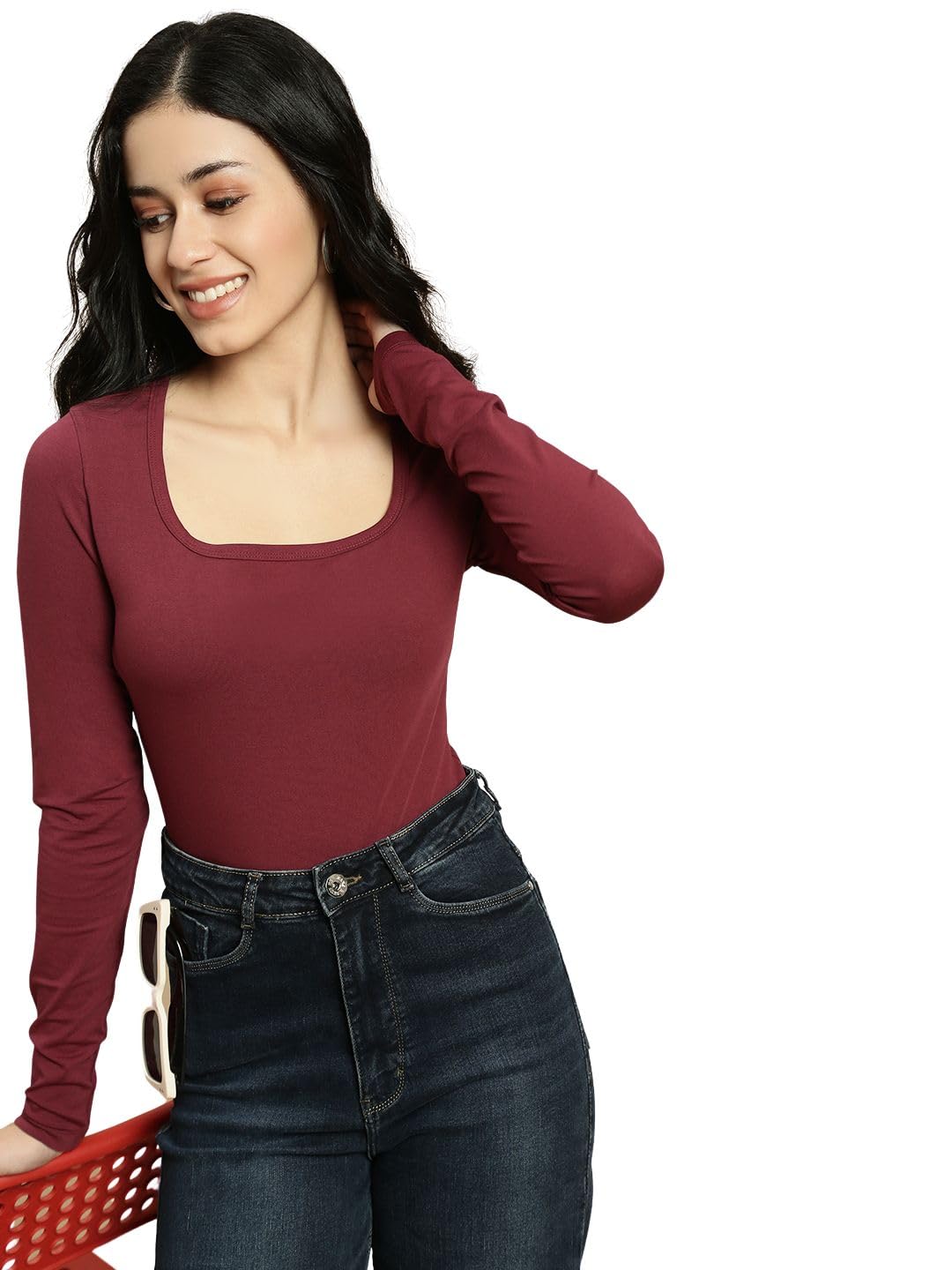 Women Square Neck Full Sleeve Top Cotton Knit Slim Fit Casual Pull On Everyday Wear for Jeans Trousers Skirts Comfortable Modern Neckline Long Sleeve Topwear-picture-20