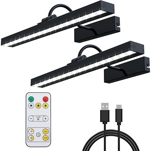 Wireless Picture Light, 16.7in Battery Operated Picture Lights for Wall with Remote, Timer and Dimmable Wireless Metal Art Display Lights for Paintings, Artwork, Portrait Dartboard - Black, 2pack