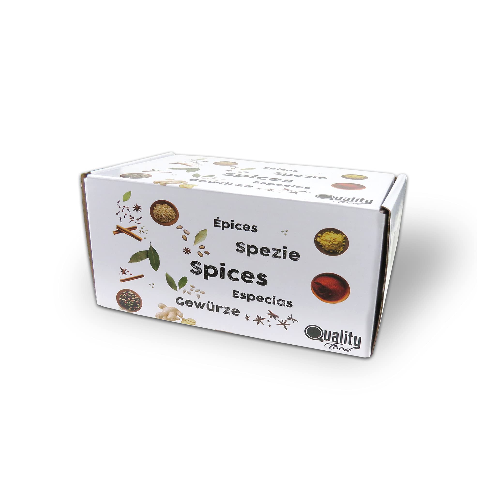Pack d'épices indiennes. Idéal pour cadeaux et l'usage quotidien. 8 bocaux en verre, réutilisables. Cumin, curcuma, cardamome, coriandre, cannelle, poivre, moutarde et fenouil.