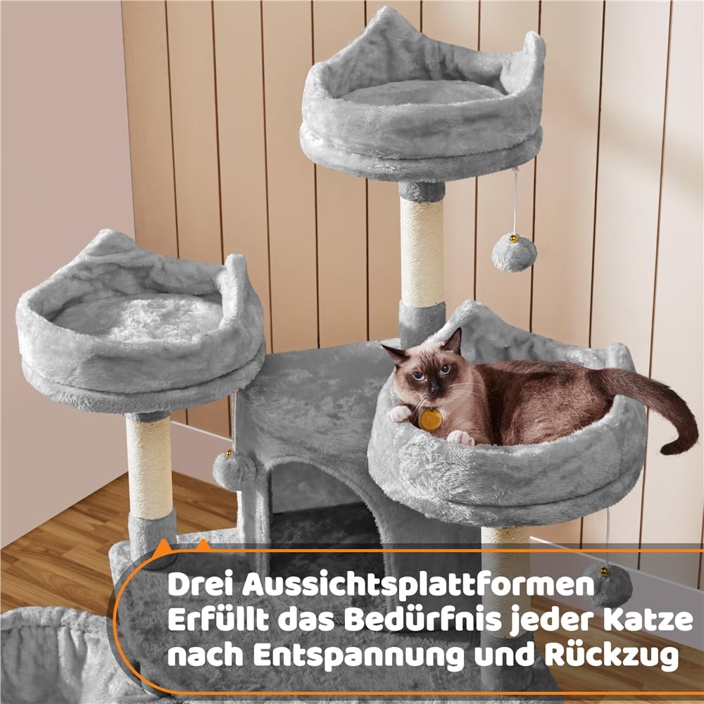 Yaheetech Kratzbaum Katzenkratzbaum 174 cm Katzenbaum Groß Kletterbaum 3 kuschelige Aussichtplattformen Spielhaus für Katzen Hellgrau