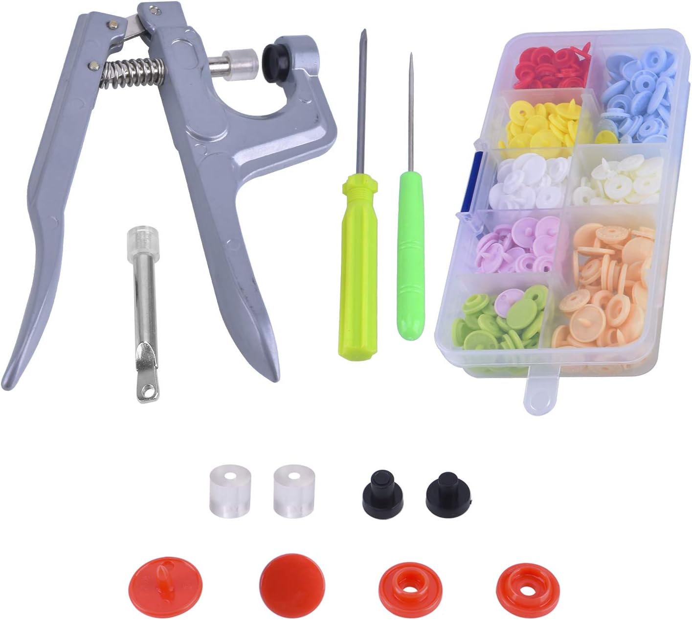 Blovec Plastic Snap Buttons and Snap Pliers Set 80 pcs No-Sew T3 T5 Snap-On Buttons Fasteners Organizer Storage Case for Sewing and Crafting