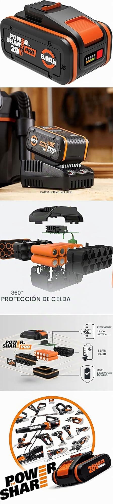 WORX - Batería Powershare Pro de Alta Capacidad (20 V, 8 Ah, WA3648 (con indicador de Nivel de Carga, Compatible con Todas Las Herramientas, 20 V/40 V/80 V)