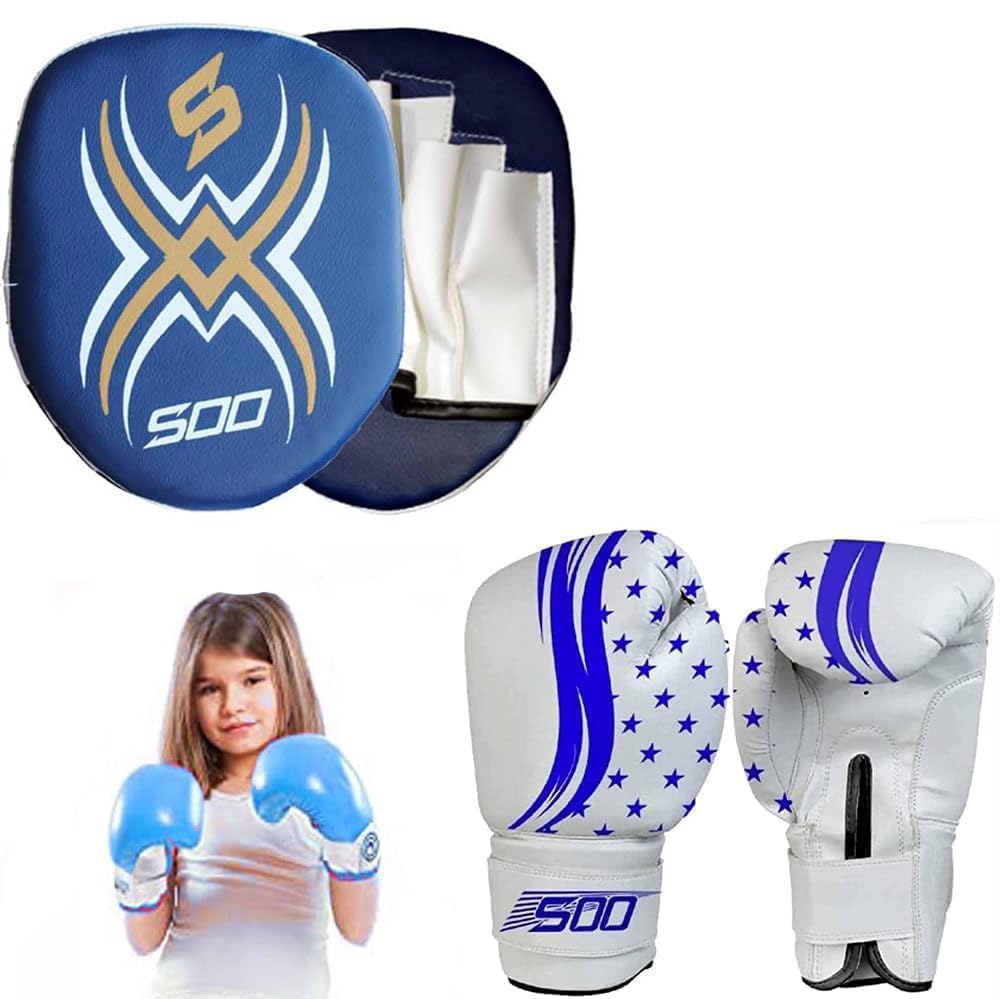 Kids Junior Focus Pads Set Hook & Jabs Pads Coaching Pad Pro Boxing Mitts Sparing Gloves Punching MMA Karate Training Mitten Target Hand Striking Shield (BLue/White)