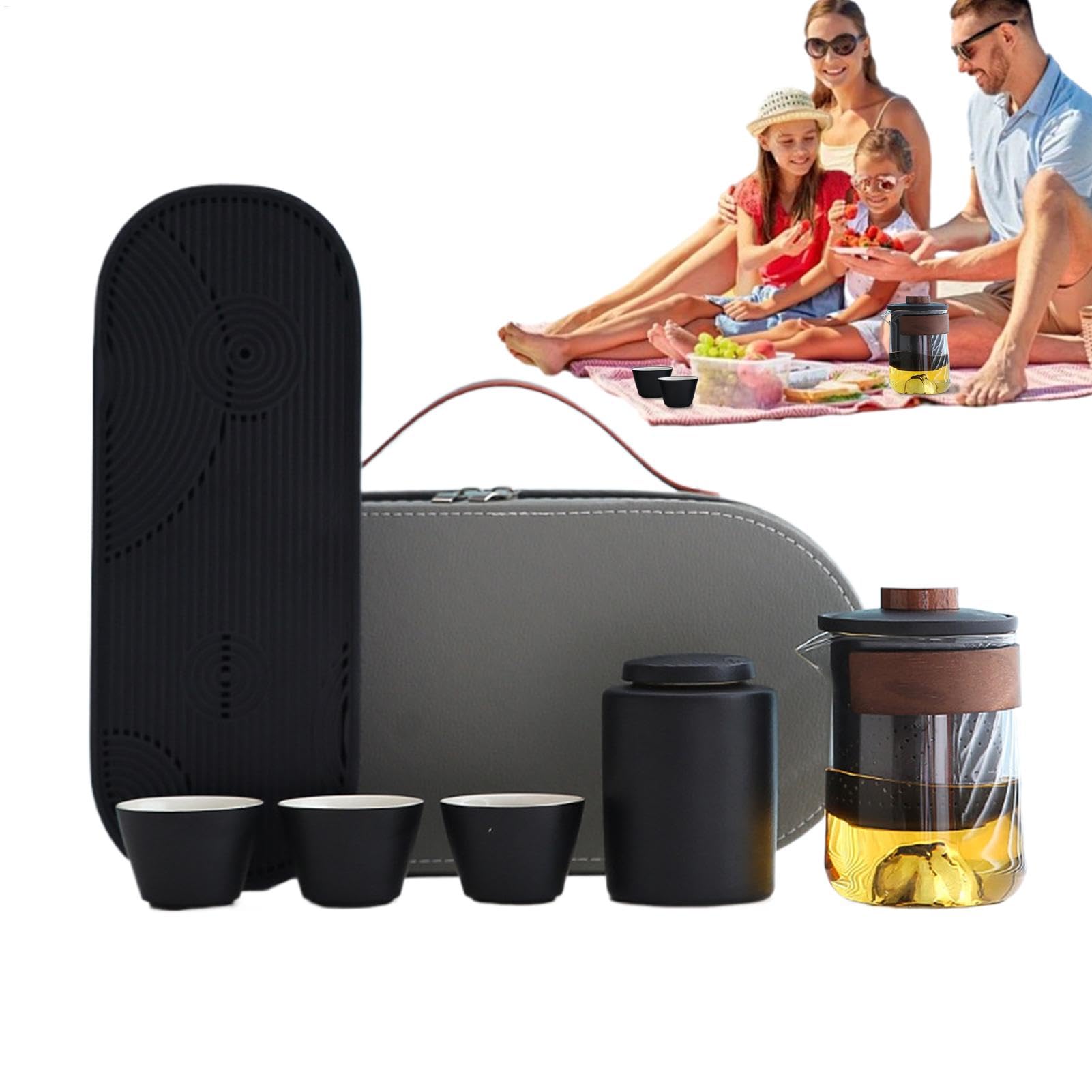 Juego de Té de Viaje con de - Juego de Té Resistente al Calor, Juego de Té | Compacto Portátil Con, Colador De Té, Bandeja De Té, 3 Tazas Y Bolsa De Almacenamiento Para Acampar