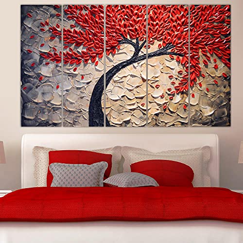 Image of Maxstone Beautiful Red Tree Wall Painting Mutiple Panals Leaves Leaf Wall decor Painting Living room.Office Home Large Painting Hotels & Gifting - Wooden Framed (30x60 inch) M1240