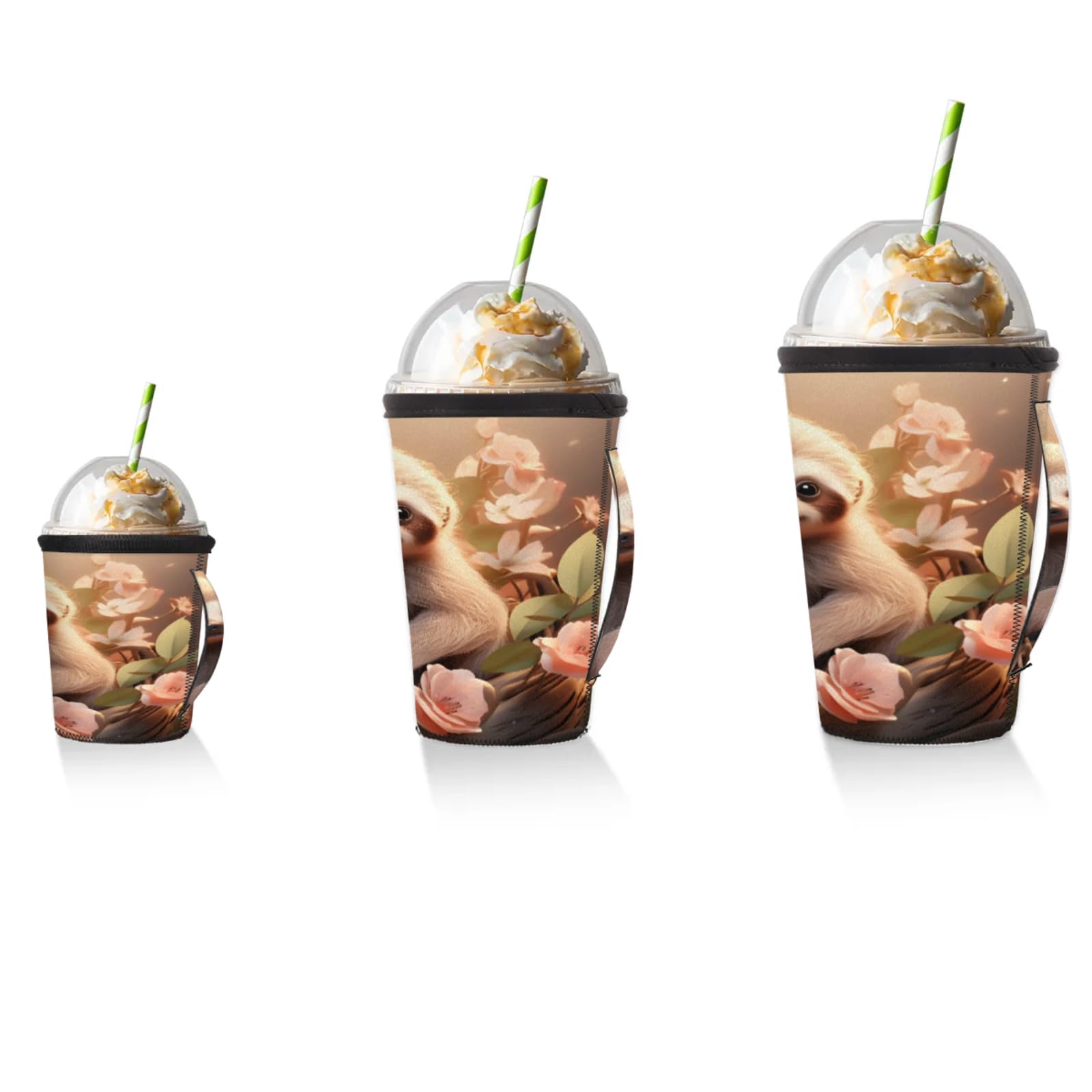 Beautiful Flower Sloth Reusable Neoprene Coffee Sleeve with Handle Insulated Iced Coffee Cup Holder Reduces Condensation Fits 24-28 oz Cups M