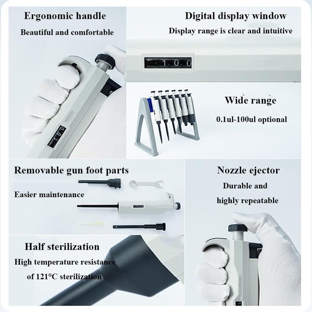 Micropipeta, pipeta manual, pipeta monocanal, rango de volumen de 0,1 a 100 ul, esterilización de la porción inferior a 121 °C, aspiración precisa, pipeta con pantalla digital(10ul)